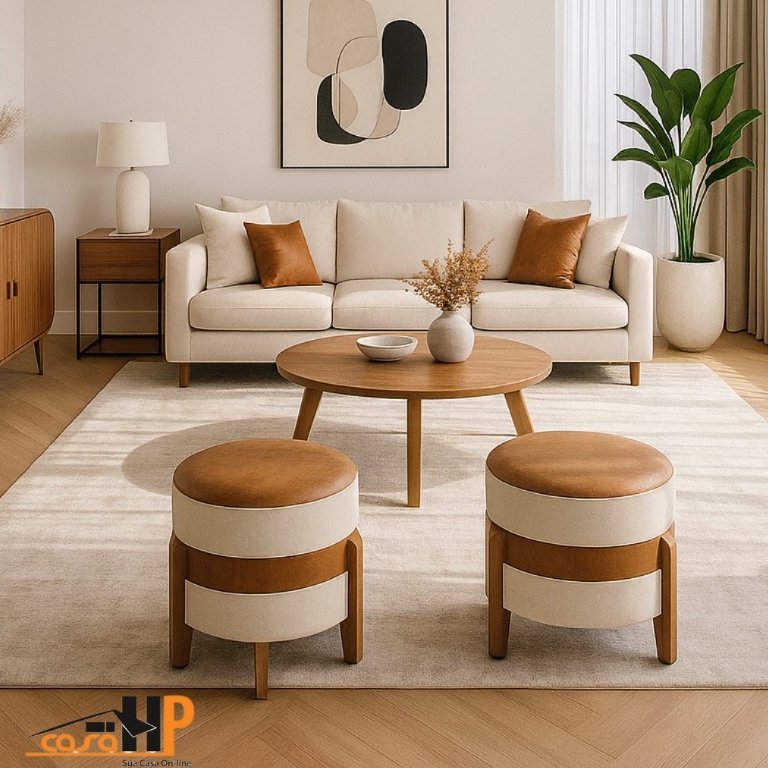 Kit Puff Apolo Linho pés madeira 2unidades banco banqueta envio imediato