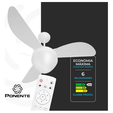Ventilador De Teto Gale Ponente 96cm Controle Remoto 3 Pás Inverter Bivolt 96 Cm 60hz Branco 127/220v Plástico