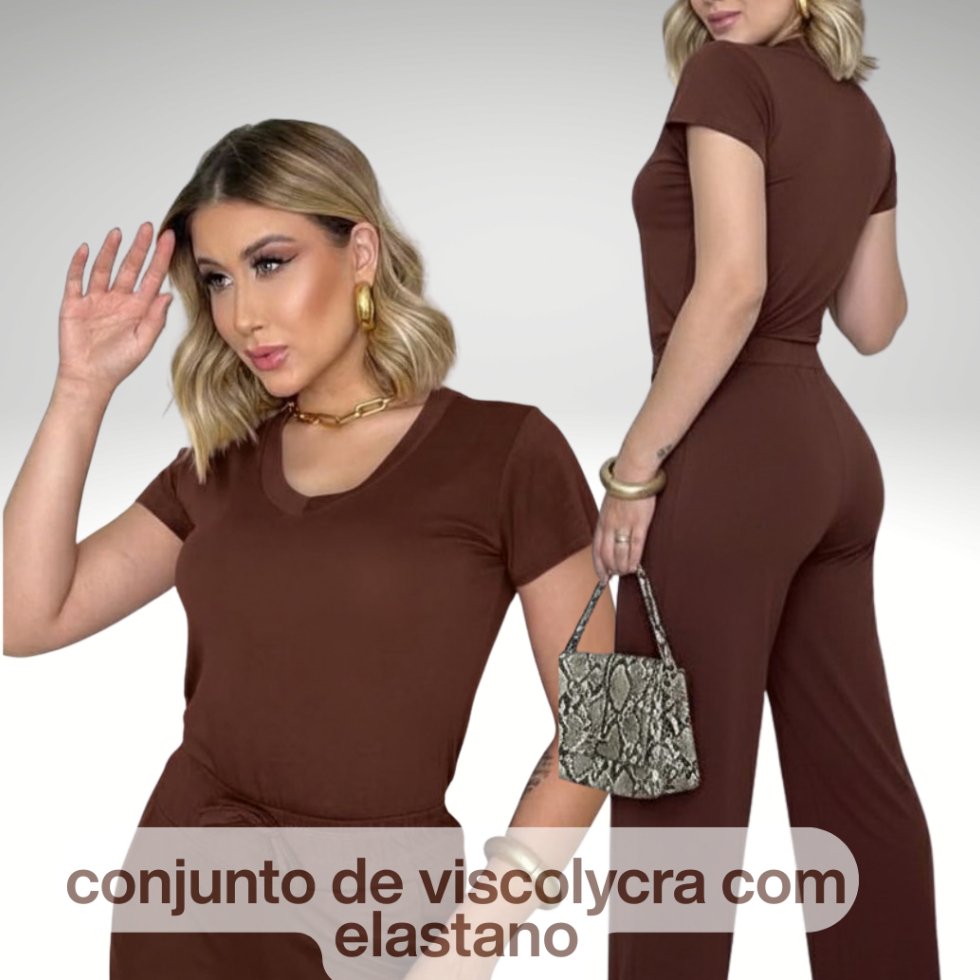Conjunto Feminino com Elastano Blusa Gola V e Calça Pantalona comTecido Viscolycra Premium