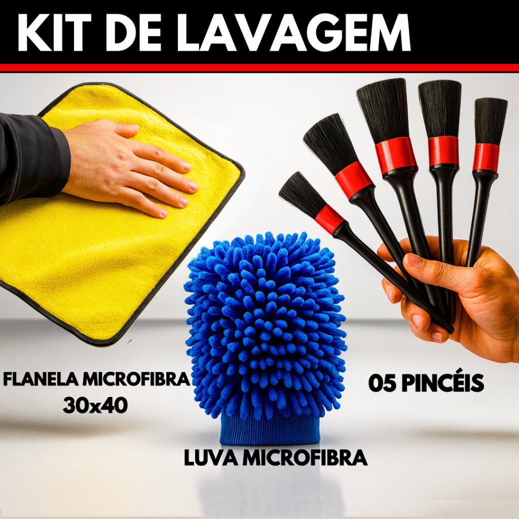 Kit de Lavagem Automotiva Flanela de Microfibra 30x40cm + Luva Microfibra + 05 Pincel Detalhamento