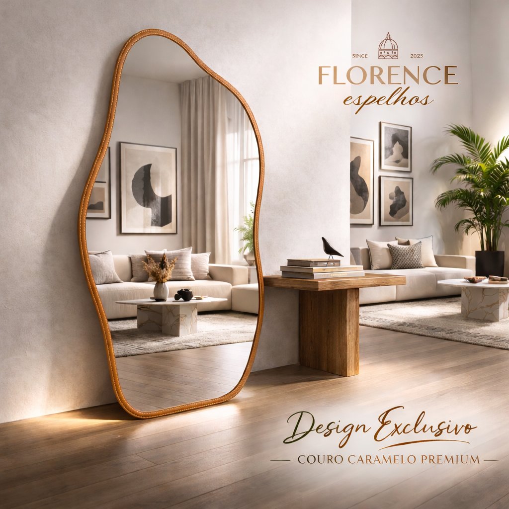 Espelho Orgânico 120x50 e 80x40Com Moldura EM COURO Corpo Inteiro Morderno Luxo