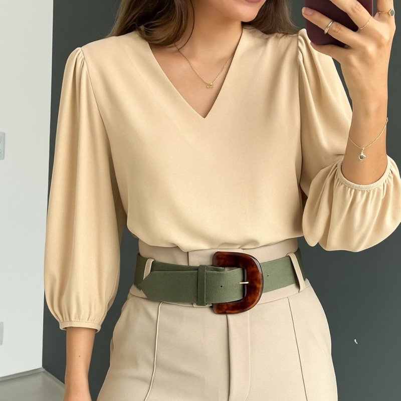 Blusa Feminina Manga 3/4 Novas Cores Tecido Crepe Moda Evangelica Detalhe Social Elegante