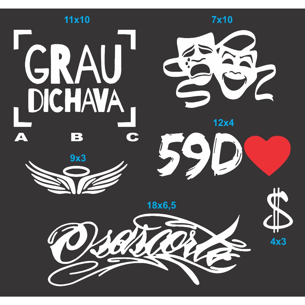 Kit 06 Adesivos GRAU DICHAVA, 59D, CHORA AGORA RIR DEPOIS, CIFRÃO, ANJO Motoo, OSASCORTE