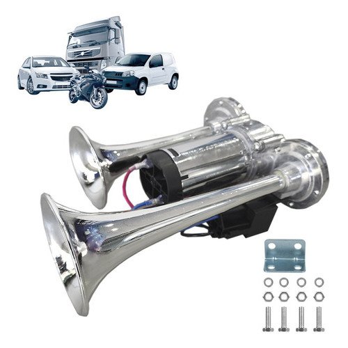 Buzina 2 Cornetas Caminhão Trem Carro C/ Rele Compressor 12v