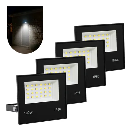 Kit 4 Refletor Led 100w Holofote Bivolt Prova Dágua Frio 127/220v Preto Branco-frio