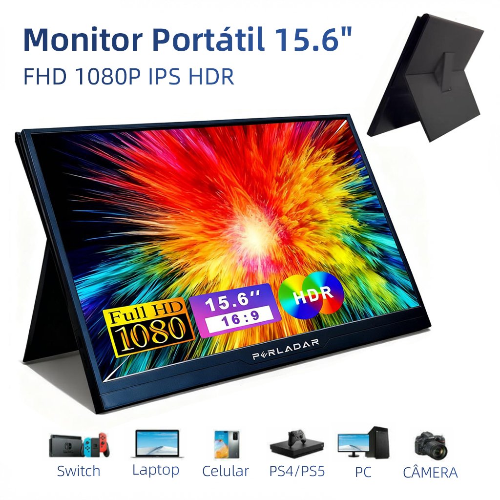 Monitor Portátil 15.6" 1080P FHD IPS Com Suporte HDMI USB-C Compatível PC Mac Phone Xbox PS5