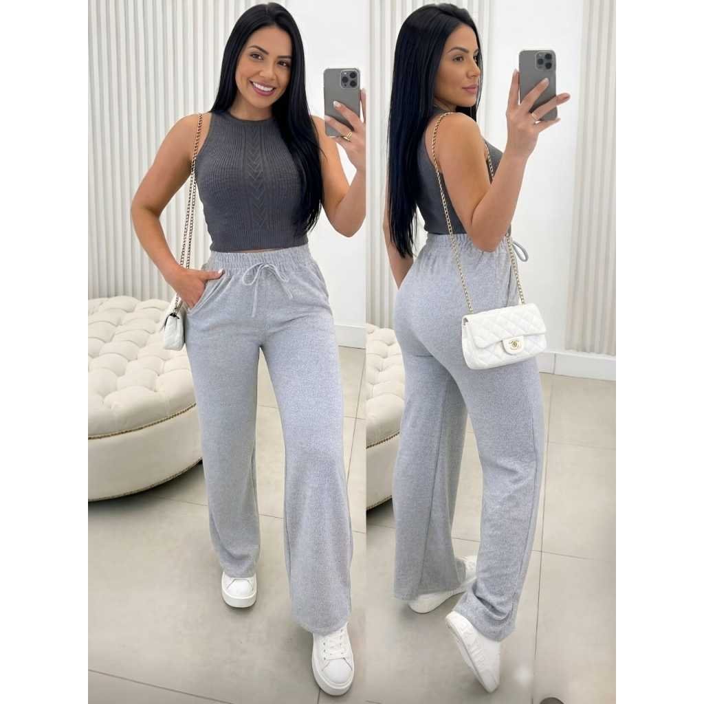 Calça Pantalona de Lazinho Feminina com Bolso pra Inverno Cintura alta Lanzinha