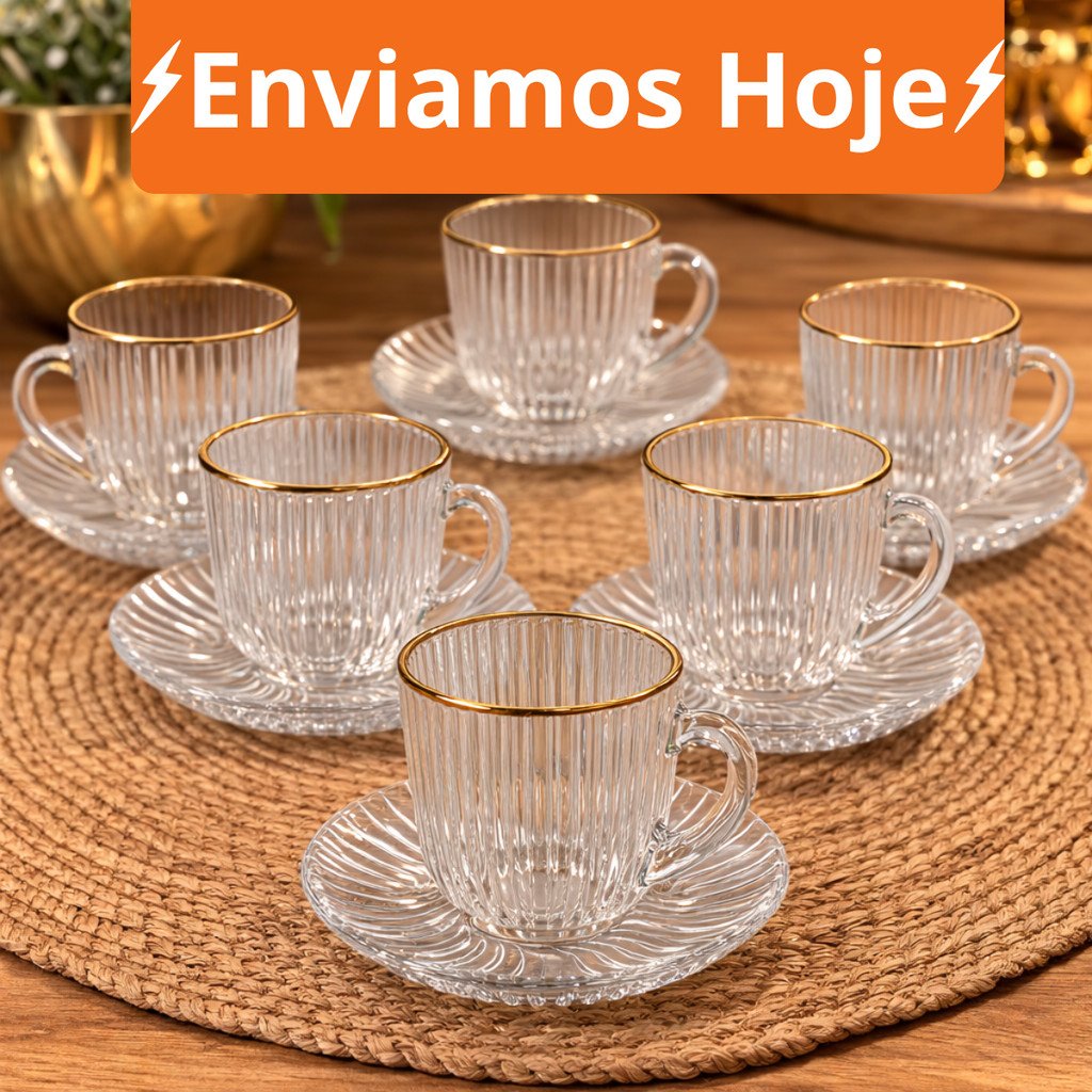 Jogo De Xicara De Luxo Vidro Com Borda Dourada + Pires Linha Hauskraft Premium 85ml