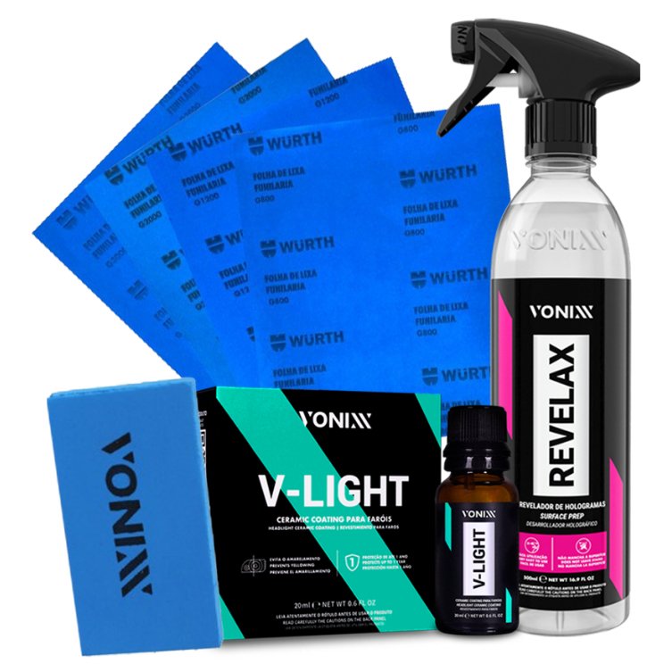 Kit Polimento Farol Revelax V-Light Vonixx Vitrificação Restaurador Farol Amarelado Taco de Lixa