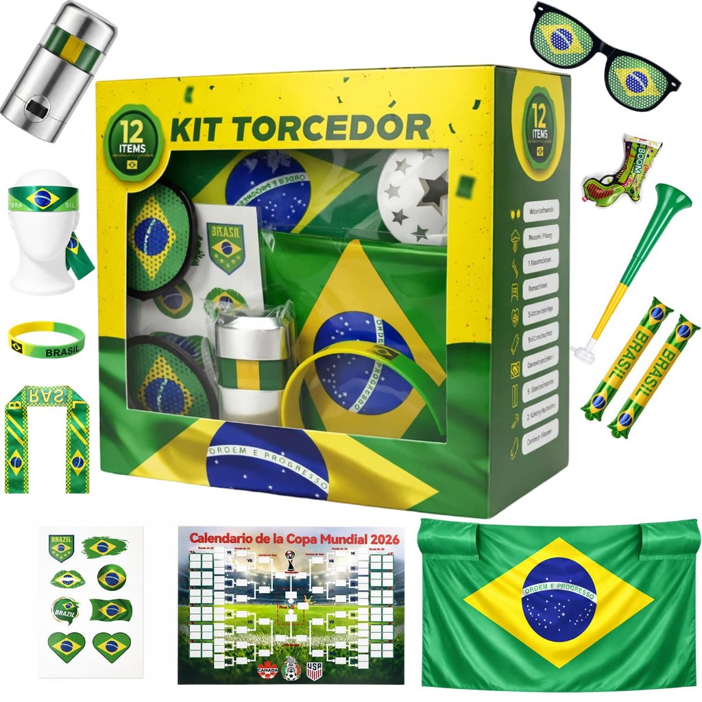 Combo Torcedor Bandeira Copa 2026 Adesivo Trompete Pintura Facial Bandeira Brasil Adesivo Vuvuzela KIT TORCEDOR
