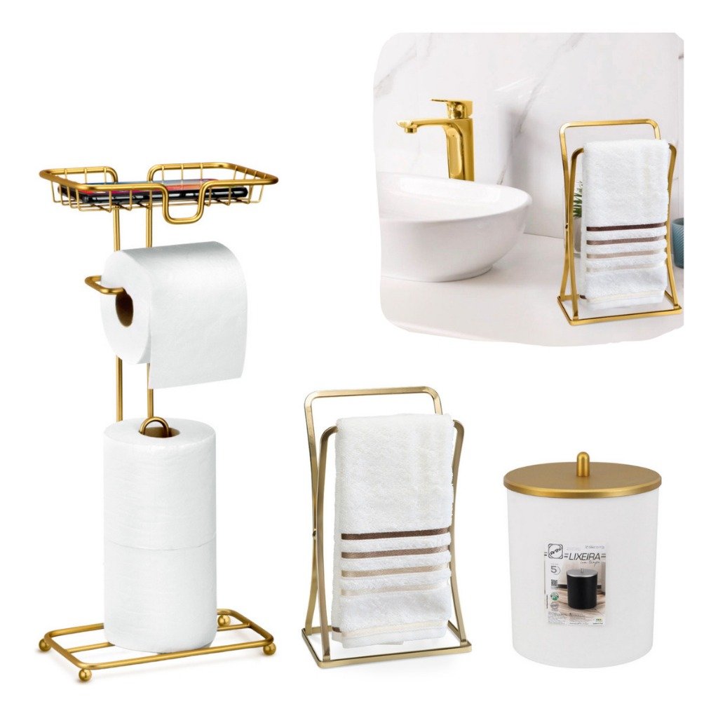 Kit Acessórios Banheiro Dourado Com Lixeira E Papeleira Porta Papel Higienico Suporte Toalha Lavado