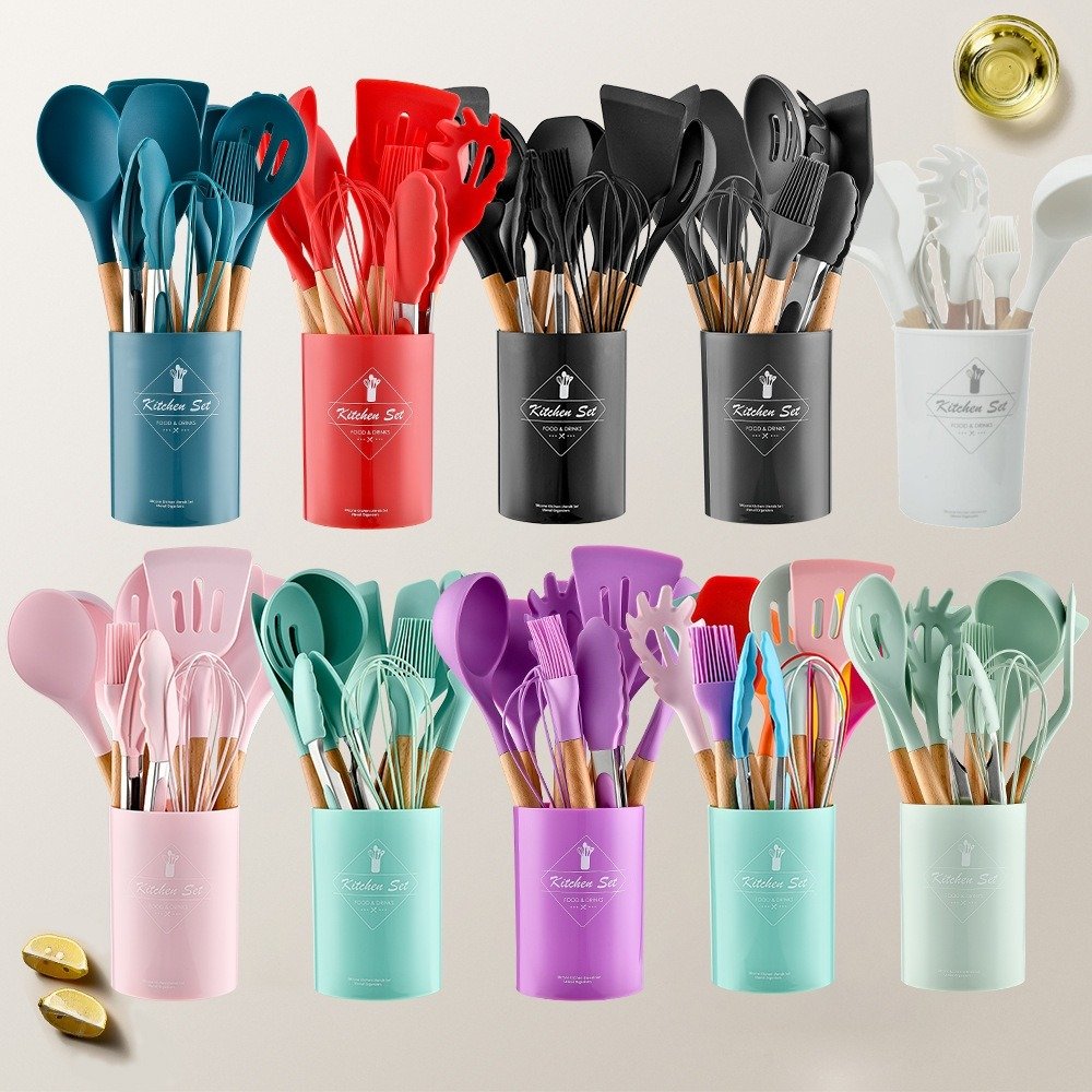 Kit C/12 Peças Utensílios De Cozinha Colheres Espatula Silicone Cabo Madeira Decoração Livre BPA