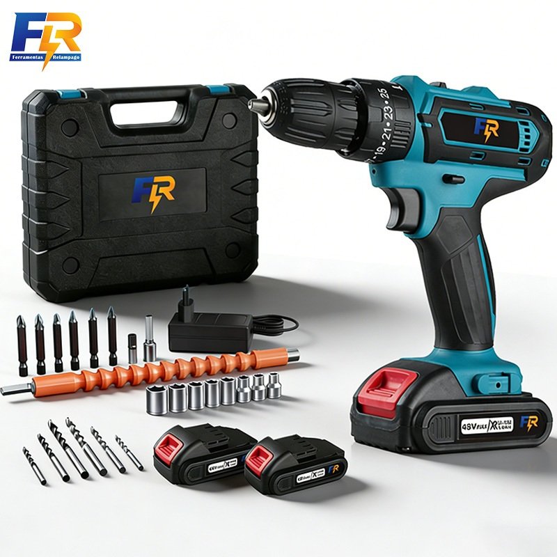 Parafusadeira Furadeira de Impacto Elétrica Sem Fio 48V 2 Baterias 3 funções Kit Completo Acessórios