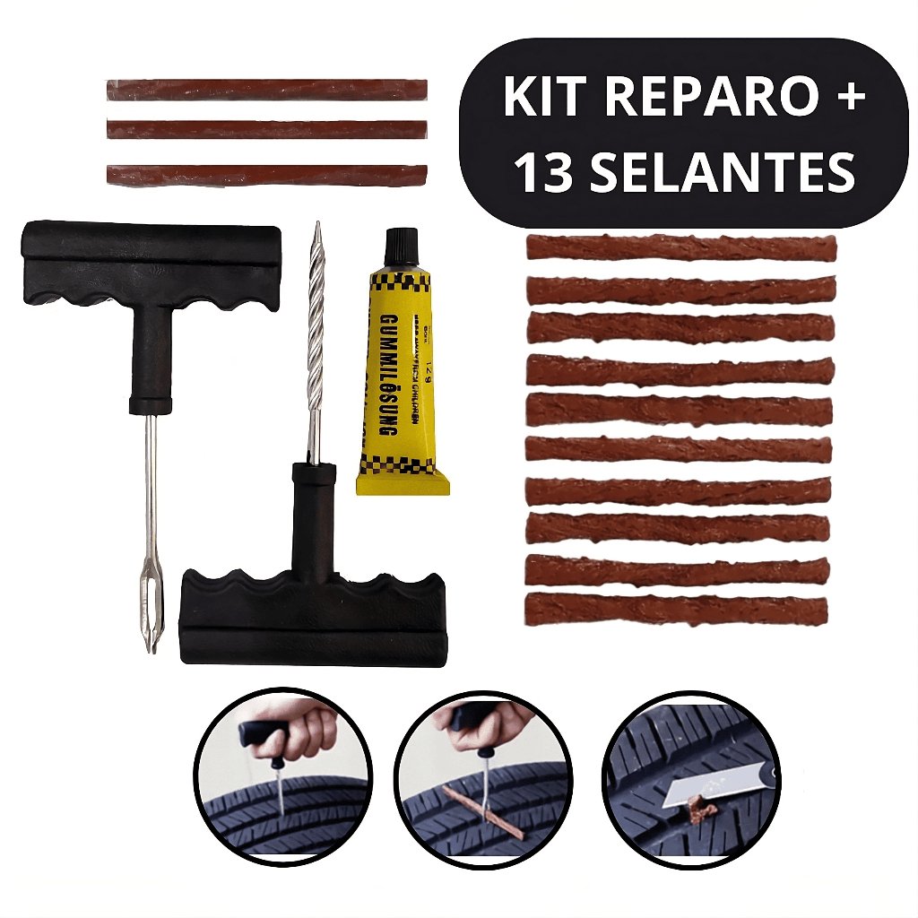 Kit Reparo Pneu Sem Camara Carro E Moto + 10 Refis Macarrão Selante