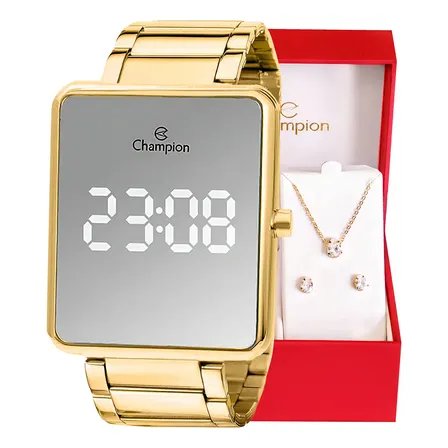 Kit Relógio Feminino Champion Digital Dourado Quadrado Correia Dourado 2 Fundo Espelhado