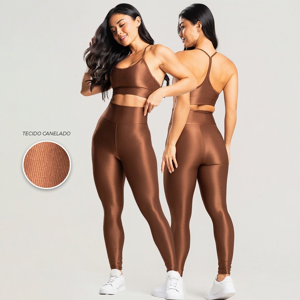 Conjunto Fitness Feminino Trilobal Canelado – Top Alcinha + Legging Cós Alto Modelador Brilhoso Academia e Treino
