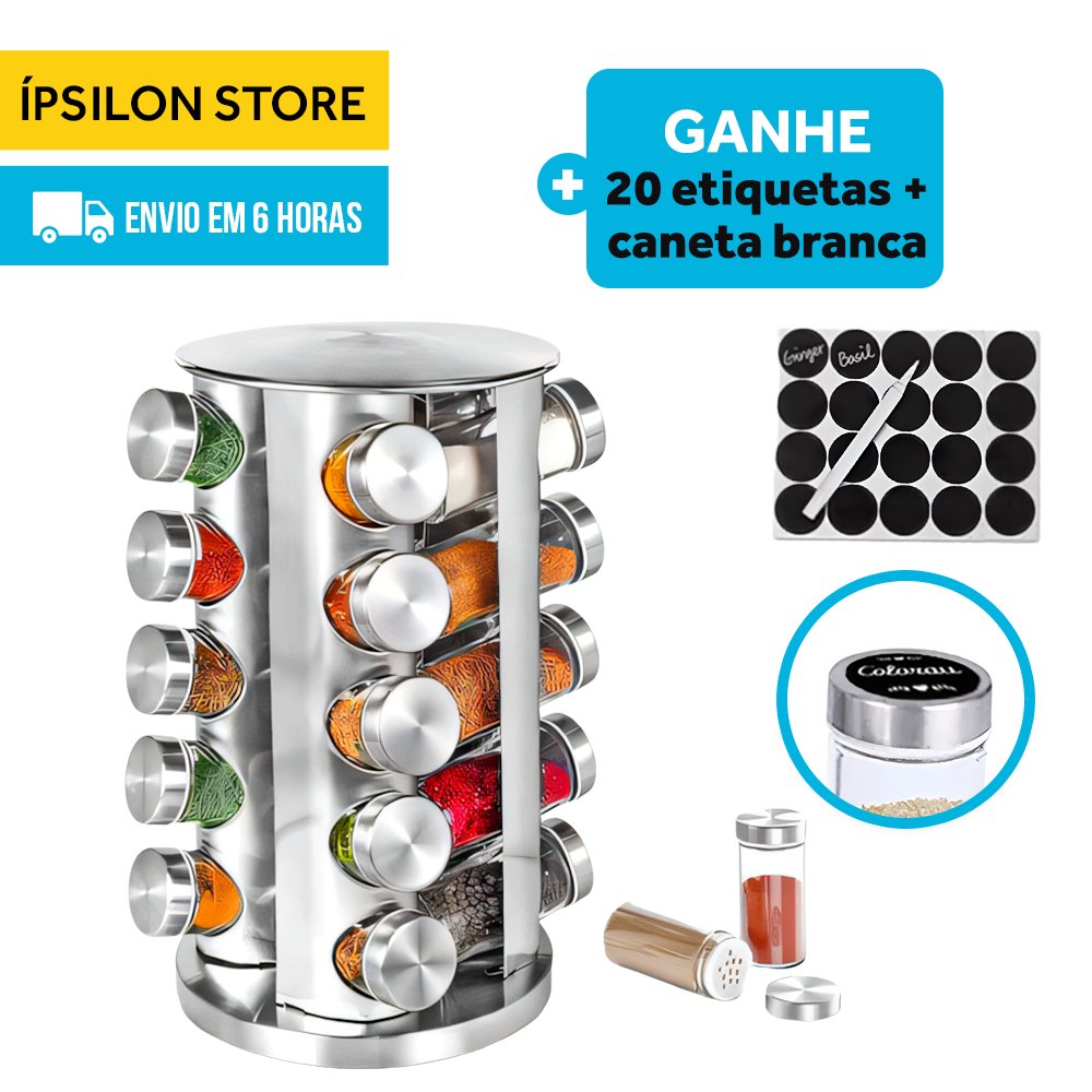 Kit Com Porta-Temperos Giratório de Inox (1 unidade) + 20 Potes de 100ml + 20 Etiquetas + Caneta