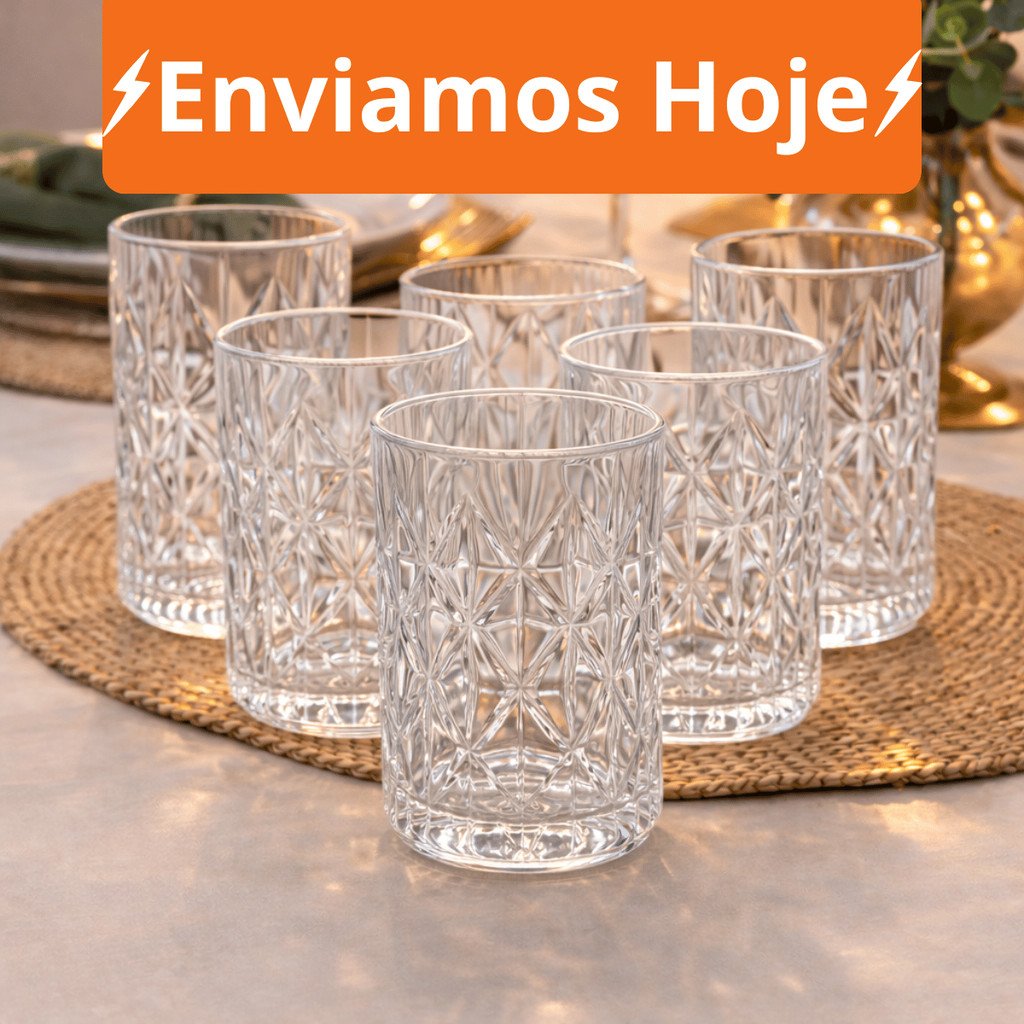 Jogo ate 12 Copos Baixos Diamond 300ml Vidro Grosso Diamante Luxo