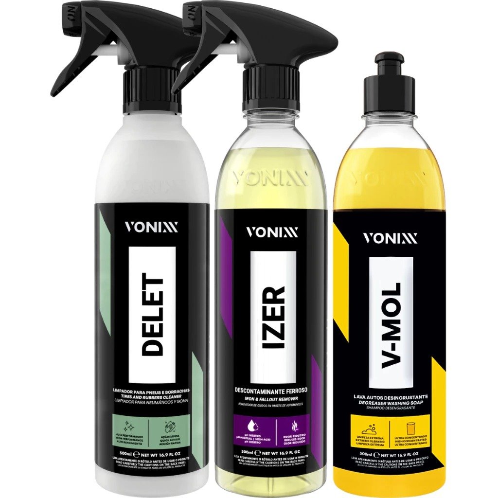 KIT DESCONTAMINANTE FERROSO IZER SHAMPOO XAMPO V-MOL DELET RESTAURADOR DE PNEUS E BORRACHAS VONIXX