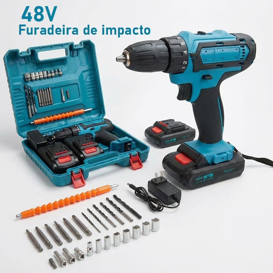 Parafusadeira Furadeira 48V Dual Baterias - Kit Profissional de Impacto com Maleta e Acessórios