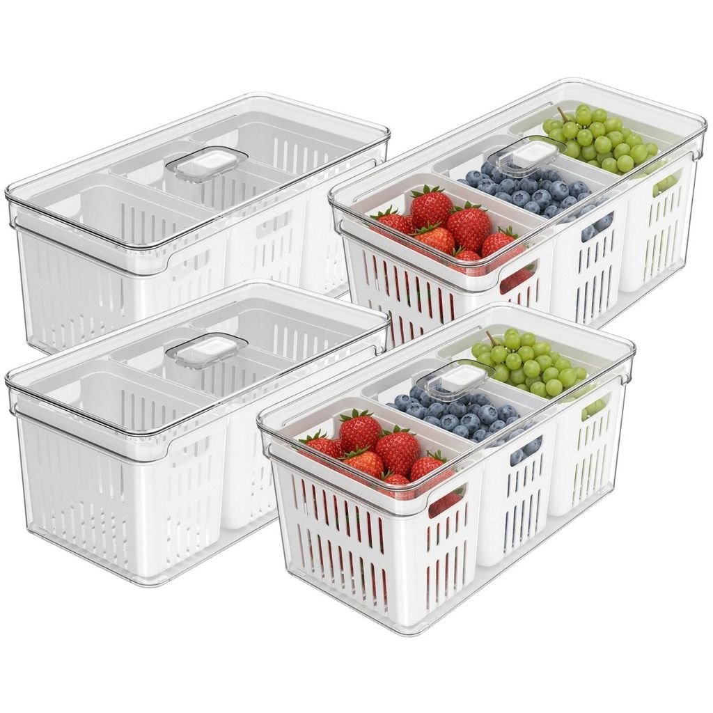 Organizador de Geladeira Armário 5L C/ 3 Cestos Drenagem C/ Tampa, Respiro e Multiuso P/ Fruta Alimento Clear Fresh — OU