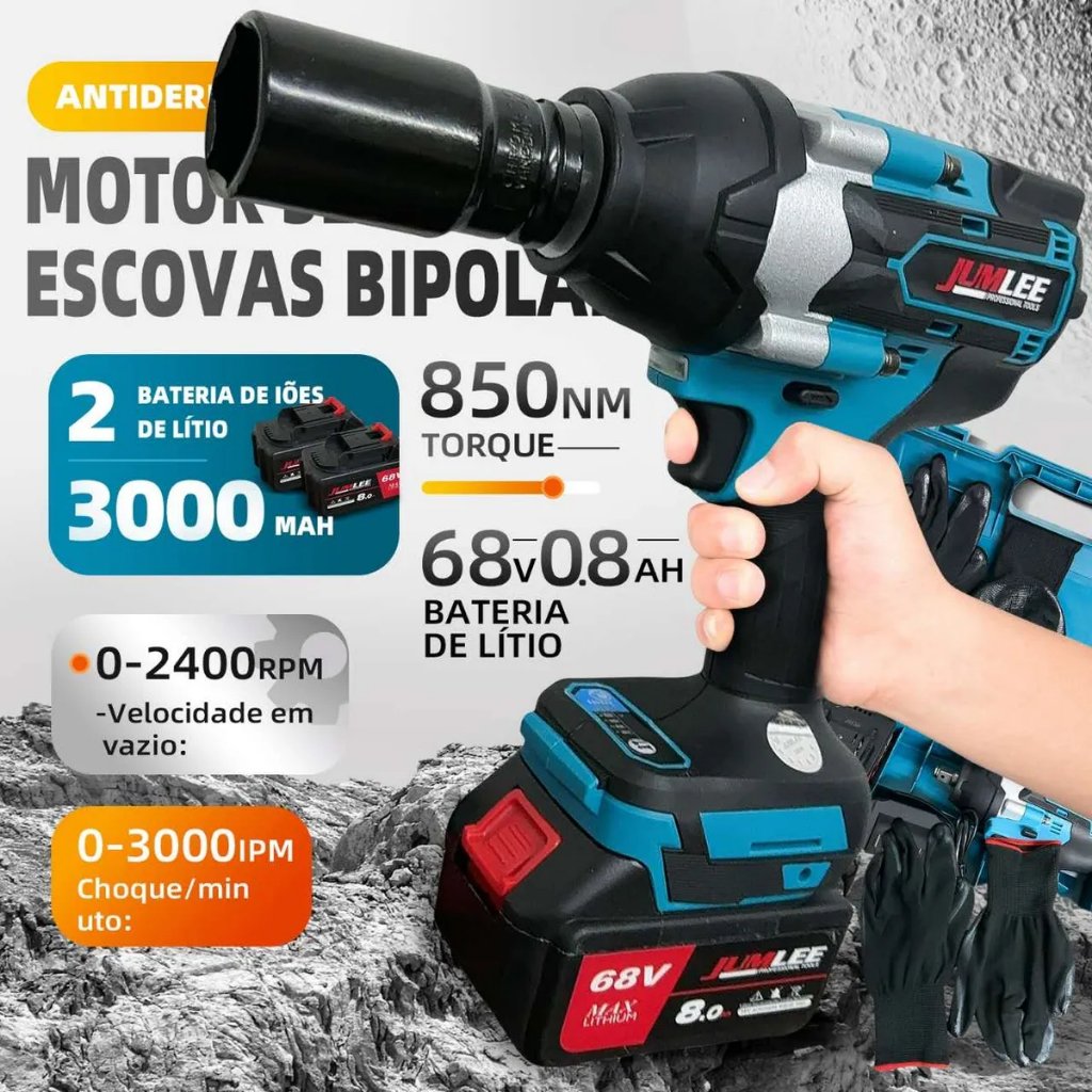 Chave de Impacto 68V 850Nm Brushless 2 Super Baterias 8.0Ah Furadeira e Parafusadeira Elétrica