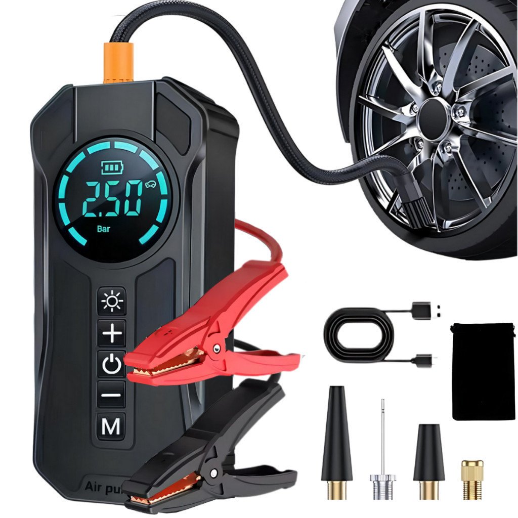 Compressor Ar Carro Portátil 4 em 1 150PSI Jump Starter Power Bank LED