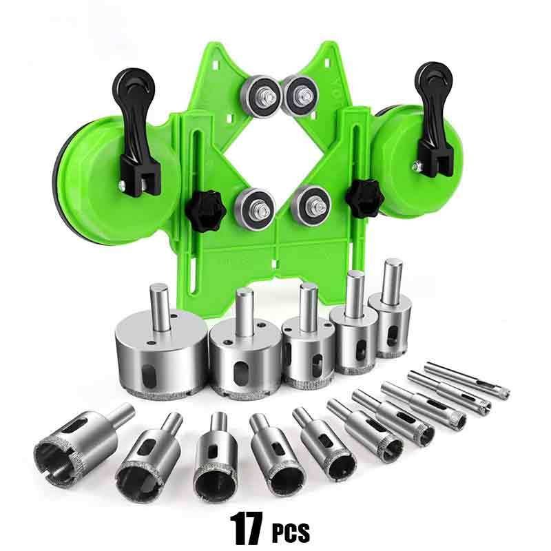 Kit 17 Brocas Diamantadas + Gabarito Furo 4mm x 83mm + Régua Multi Ângulos 6 Dobras para Cortes Piso