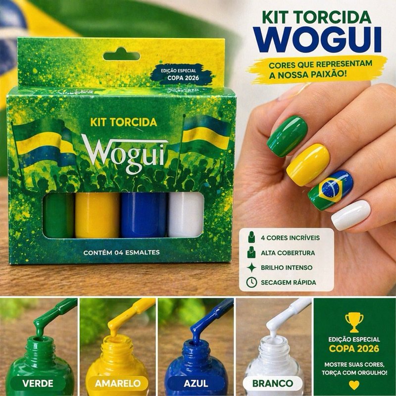 Kit Esmalte Copa 2026 Brasil Wogui 4 Cores (Verde, Amarelo, Azul e Branco)Alta Cobertura, Secagem Esmalte Torcida Brasil