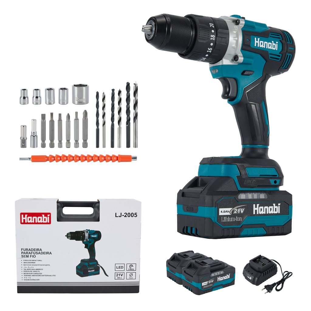 Parafusadeira Furadeira Brushless 21V Sem Fio + 2 Baterias Profissional 80Nm com Maleta Hanabi