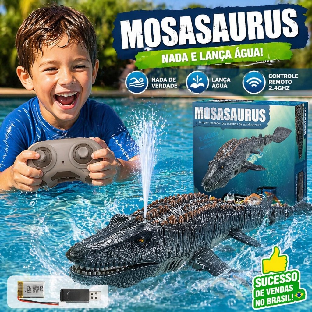 Brinquedo RC Mosassauro com Spray de Água Controle Remoto 2.4GHz Dinossauro Aquático para Crianças