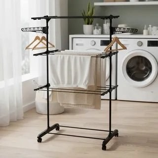 Varal De Chão Duplo TODO PRETO Roupa Calcinha Grade 3 Andares Dobrável Portátil