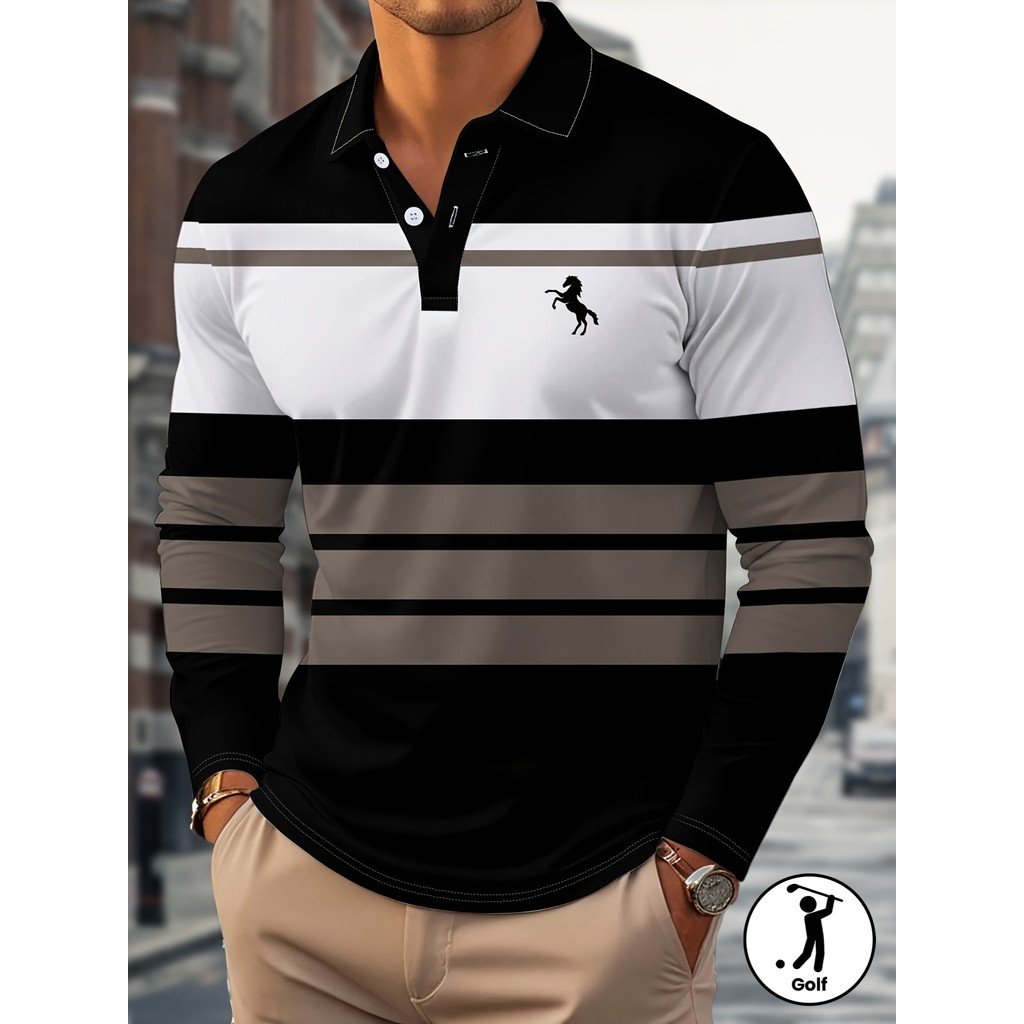 Camisa Masculina De Manga Comprida – Polo Formal Casual De Golfe E Negócios Preta/Cinza/Branca Com Estampa De Listras
