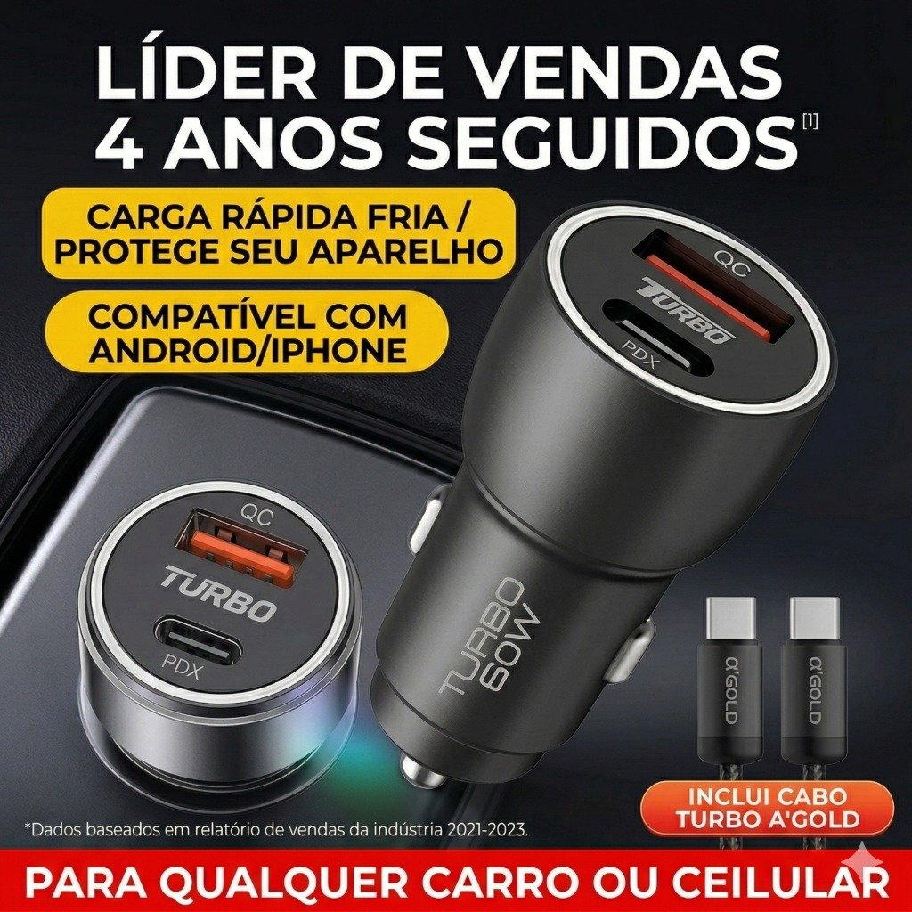 Carregador Veicular Turbo Entradas TIPO C + USB 60W Turbo Carregamento rápido/Universal + Cabo Tipo C ou Lightnig A GOLD