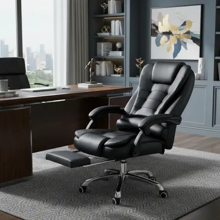 Cadeira Presidente Python Fly Preto Ergonômica Reclinável Com Apoio De Pés Couro Sintético