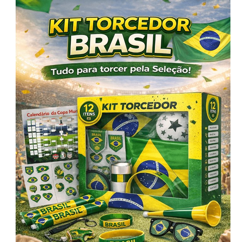 Kit Torcidor Torcida Brasil 12 Itens Copa 2026  Festa Futebol Adesivo Corneta Bandeira Oculos Brasil