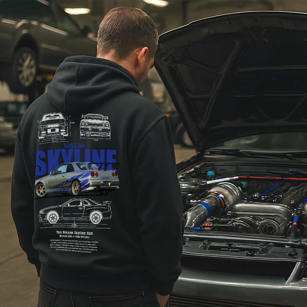 Moletom Canguru Masculino Estampado Skyline Gtr R34  Blusa De Frio Premium Carro Turbo Inverno
