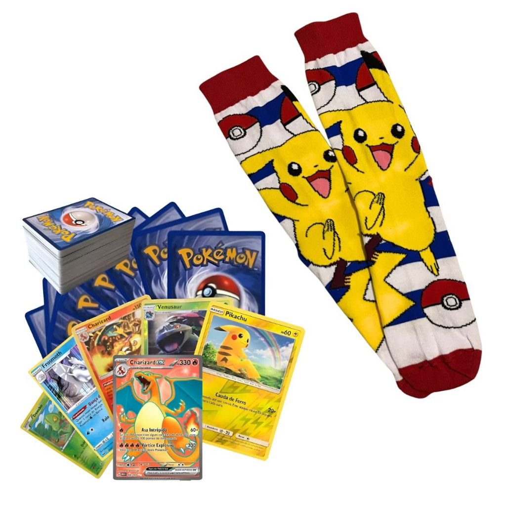 Kit 30 Cartas Pokémon Oficiais + Meia Divertida Geek Pokémon