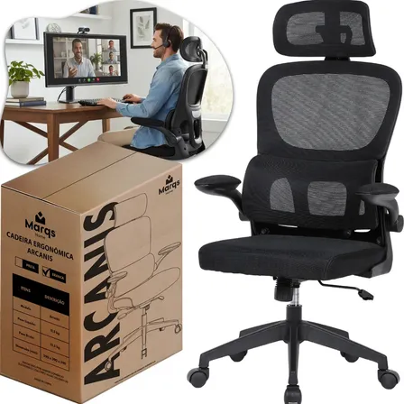 Cadeira Escritório Presidente Ergonômica Marqs Home Arcanis Preta Com Apoio Lombar E Encosto Em Mesh Preto Malha