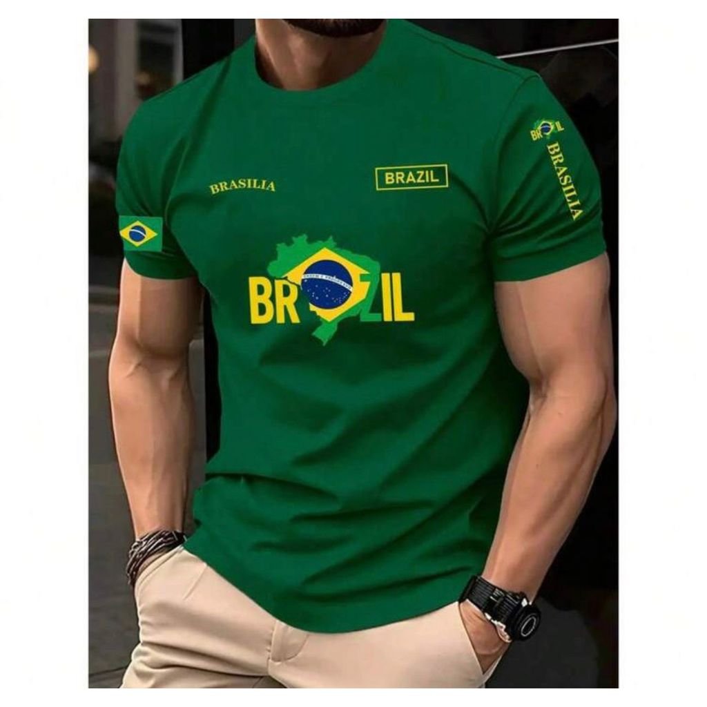 Camiseta de Futebol Masculina Copa do Mundo Bandeira Mapa do Brasil Algodão Confortável