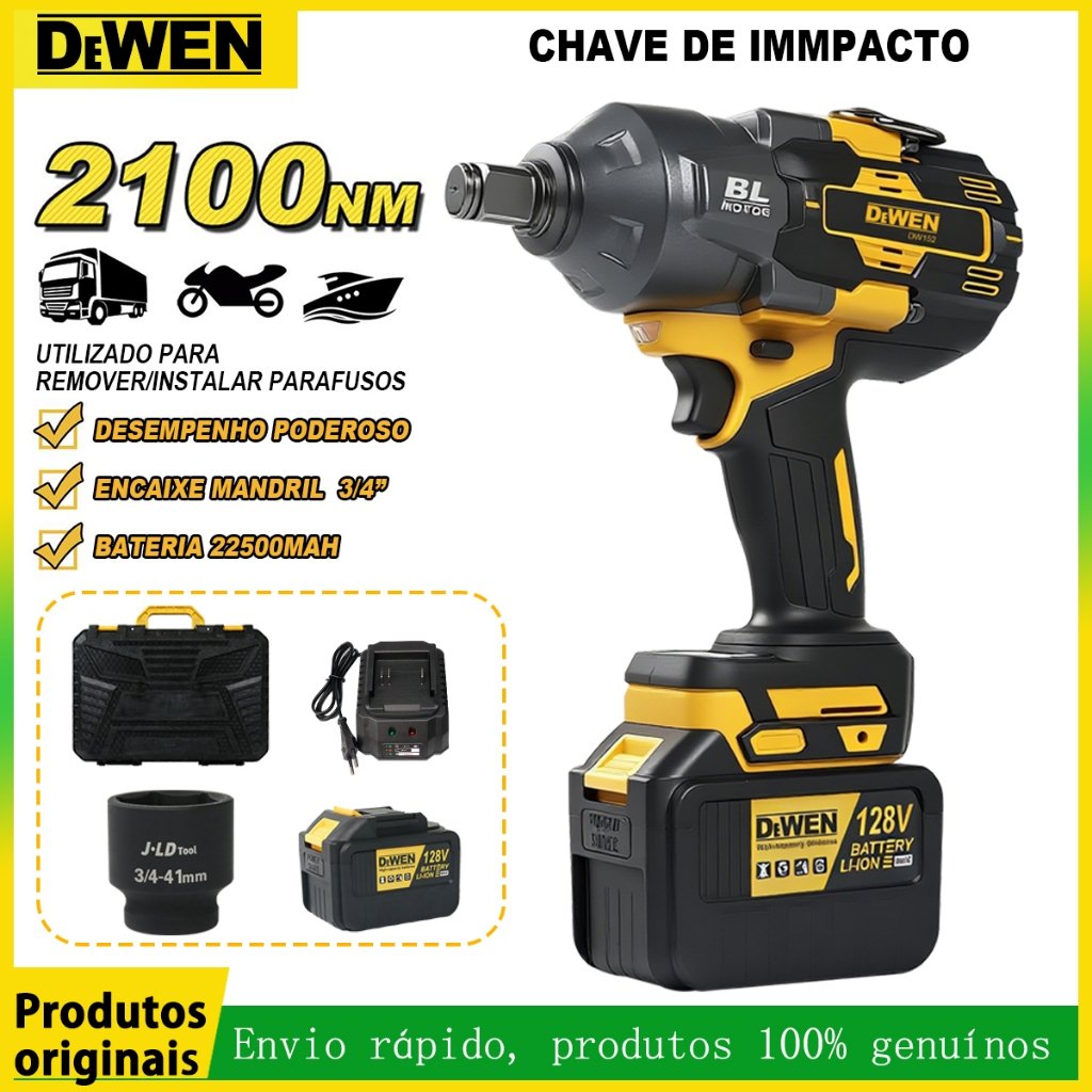 2100NM Chave de Impacto Sem Escova 128V 3/4in Pol Maleta e 1 Bateriar Utilizado para remover pneus