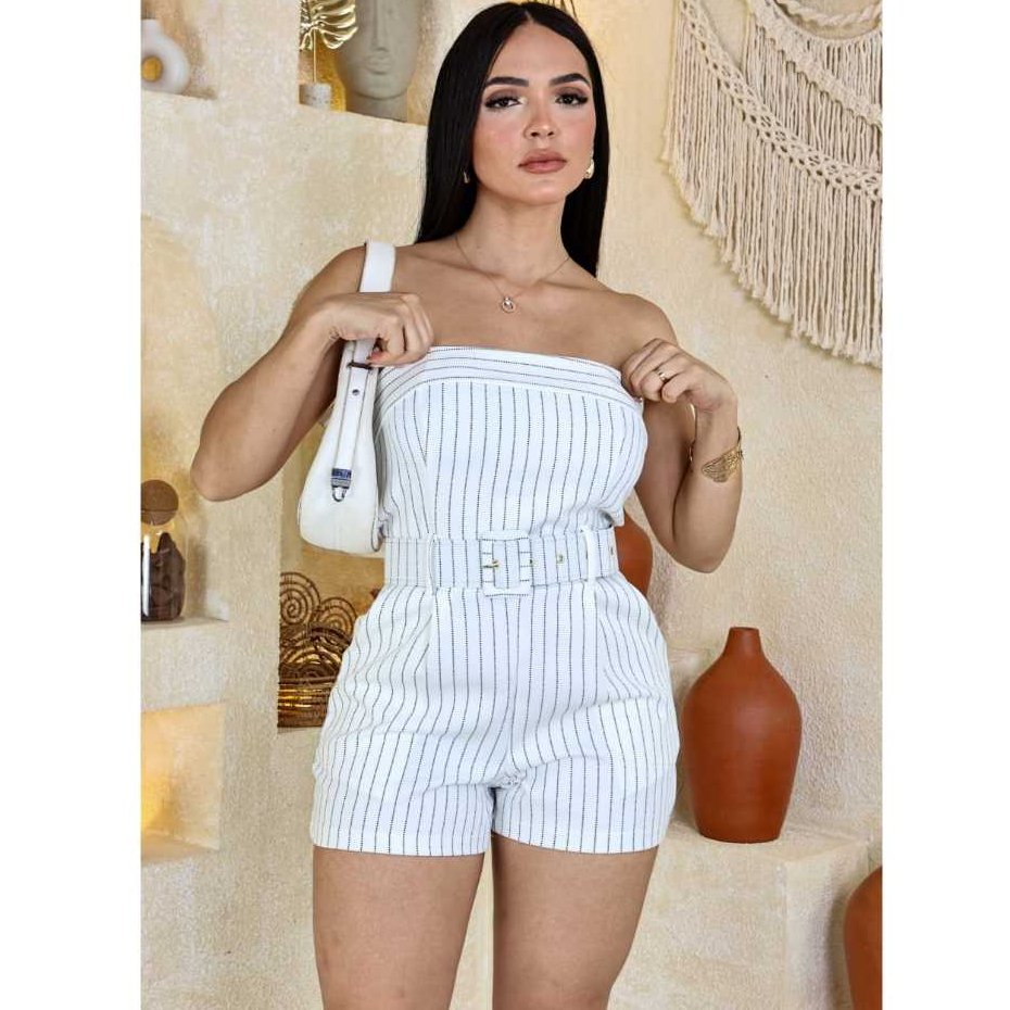 Macaquinho Alfaiataria feminino  Risca De Giz tomara Que Caia Con Cinto e Bojo, Liquidação2026**&